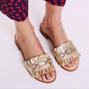 Kate Spade Brie Gold Tumbled Leather Slides-Brand New